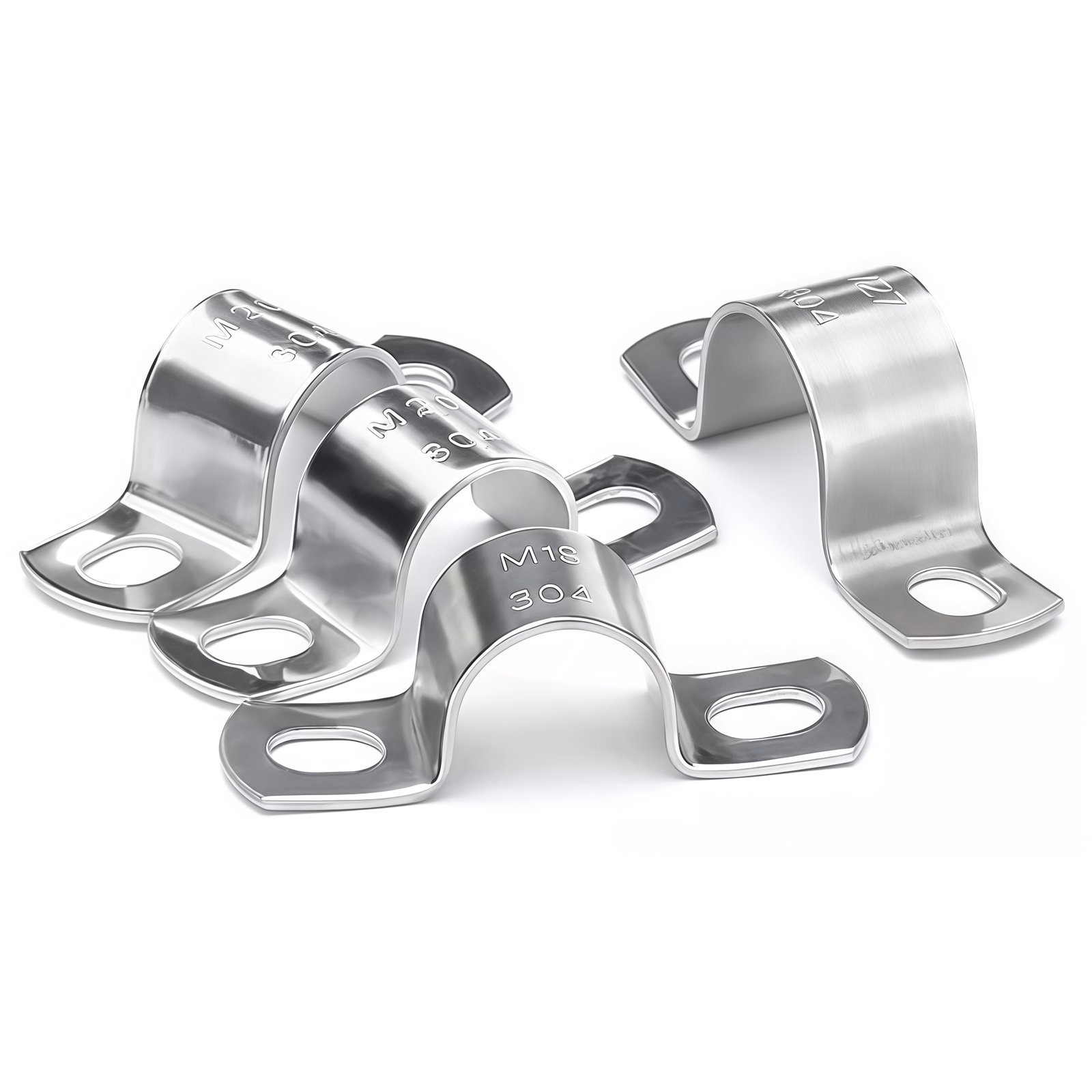 Stainless steel two-hole saddle clamp with measurement labels