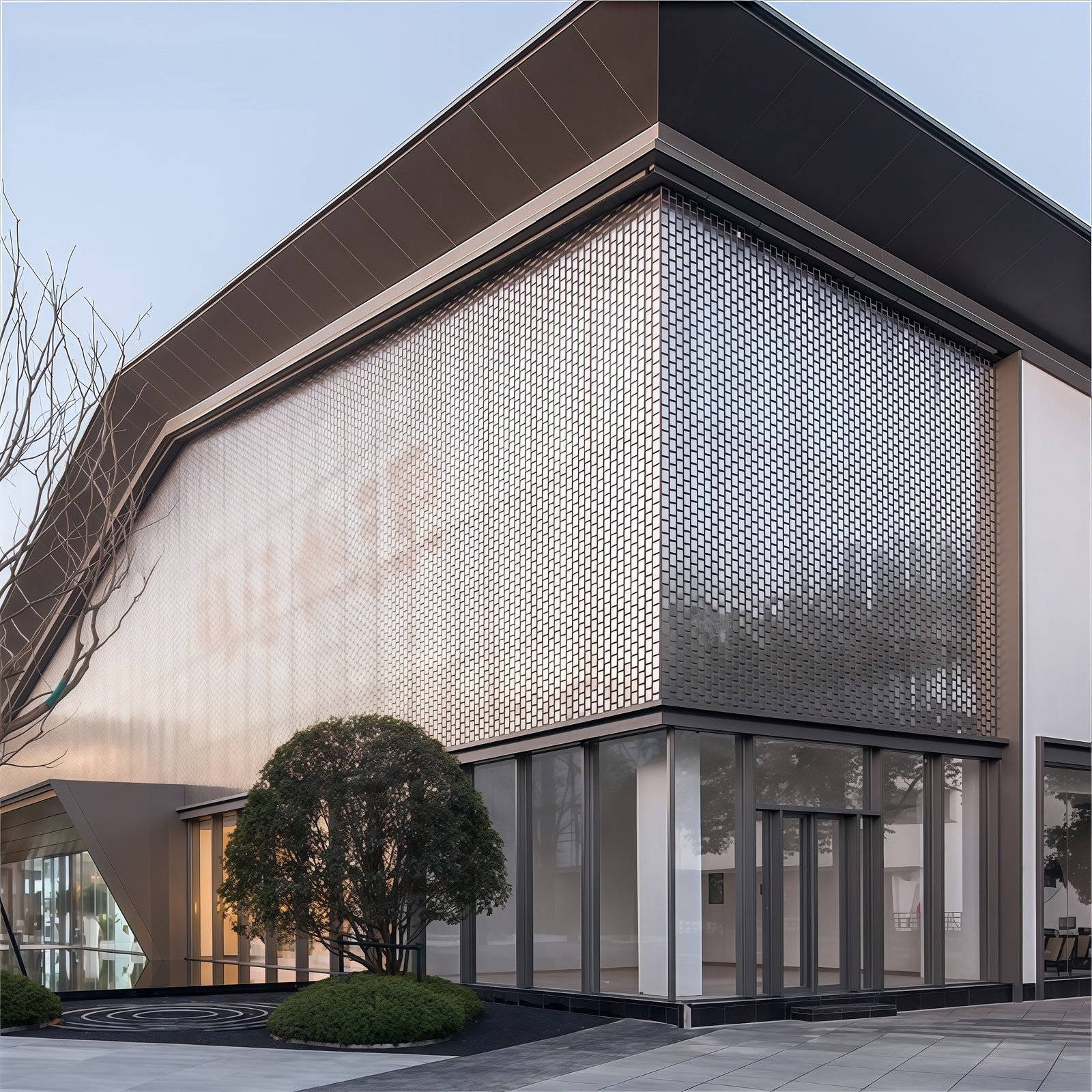 Perforated kinetic metal wall made of 304/316 stainless steel wind panels with a blue and purple PVD coating.