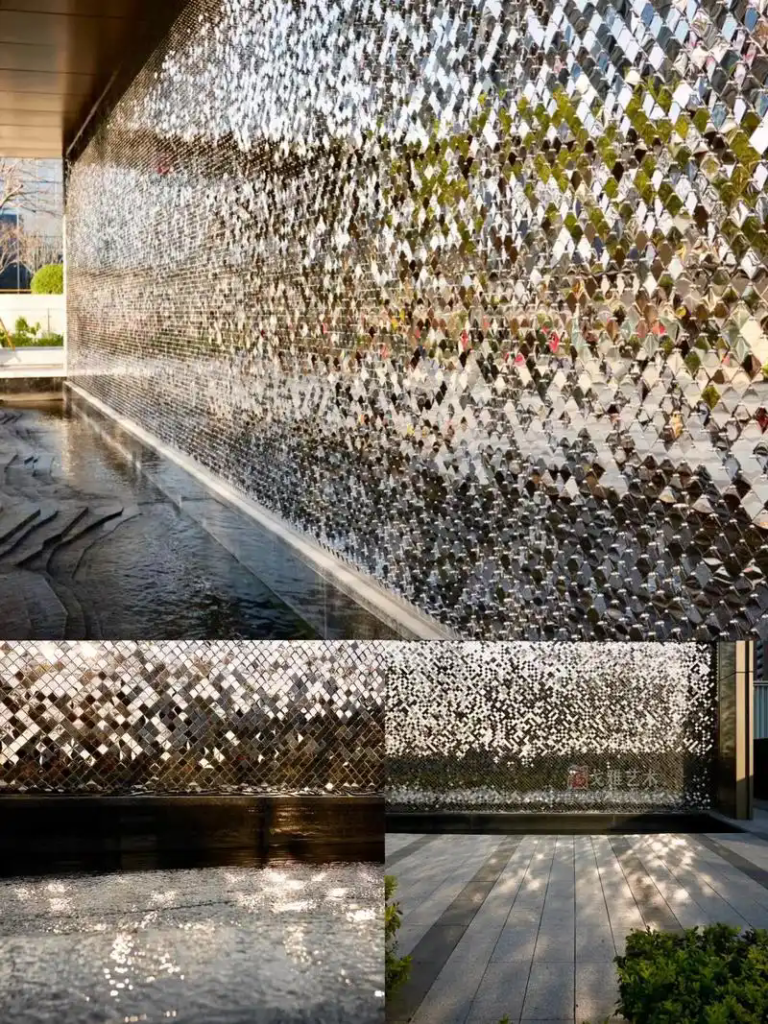 High-grade 316 stainless steel wind panels with PVD coating for a rust-free shimmering wall.