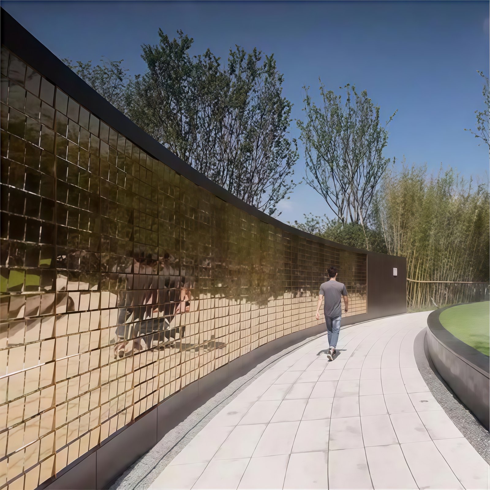 Unique wind-activated shimmer wall ideas for commercial buildings featuring a dynamic, ocean-wave effect.