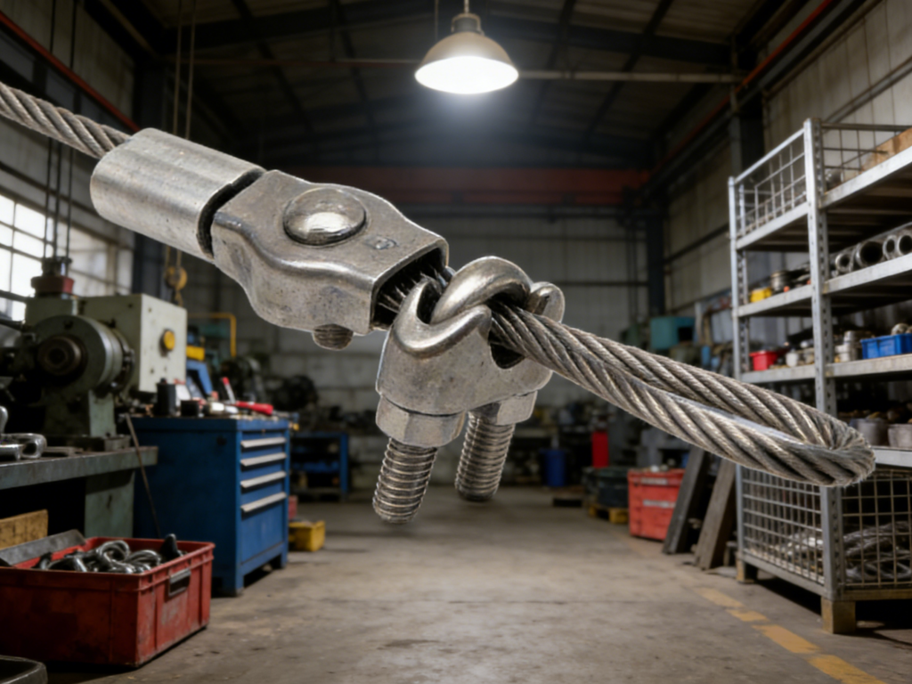 Industrial stainless steel wire rope clip installation in a metal fabrication factory